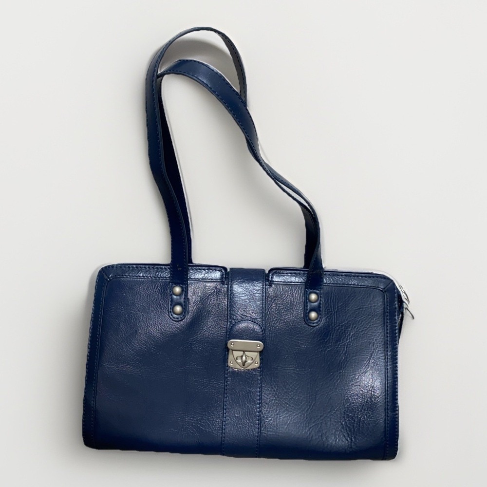 Ego Vintage Navy Blue Structured Satchel Shoulder Bag Silver Turn-Lock Closure